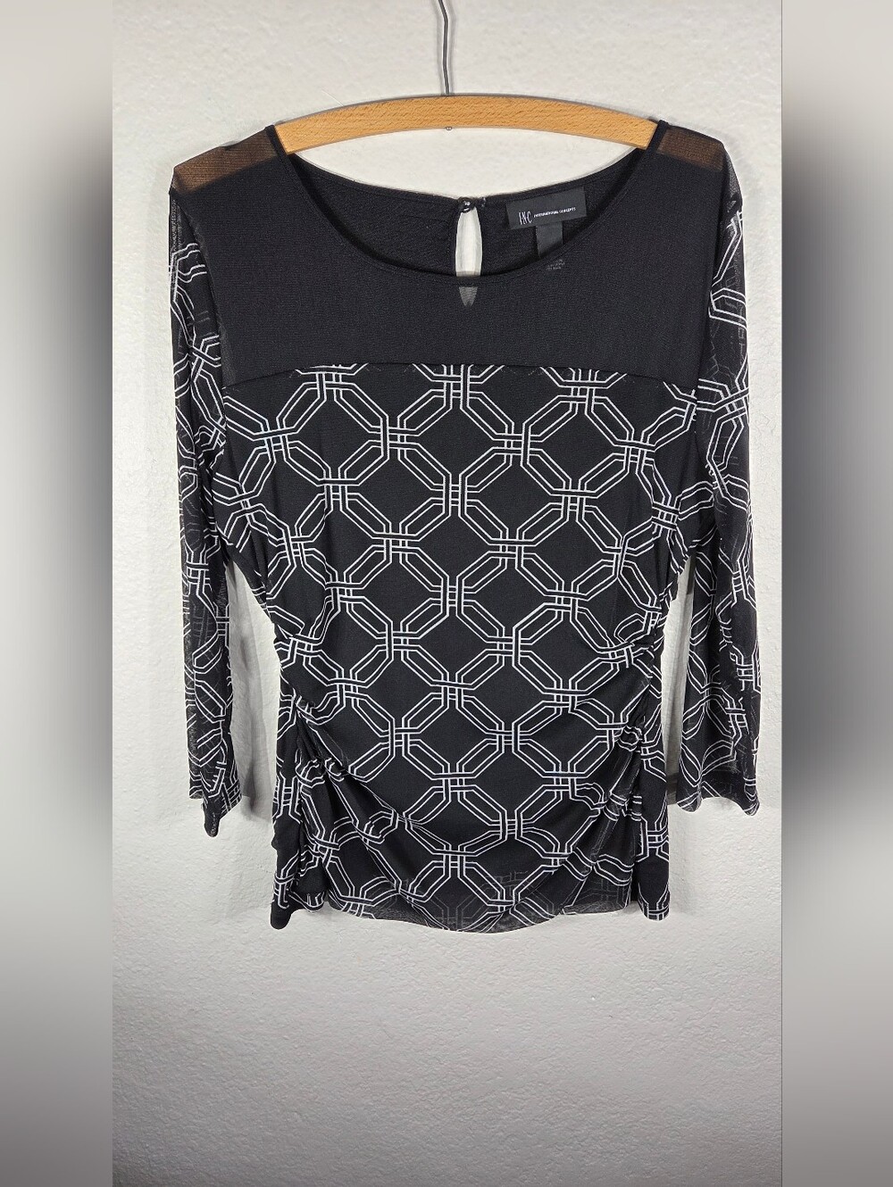 INC International Concepts Black White 3/4Sleeve Semi Sheer Ruched Top Blouse XL